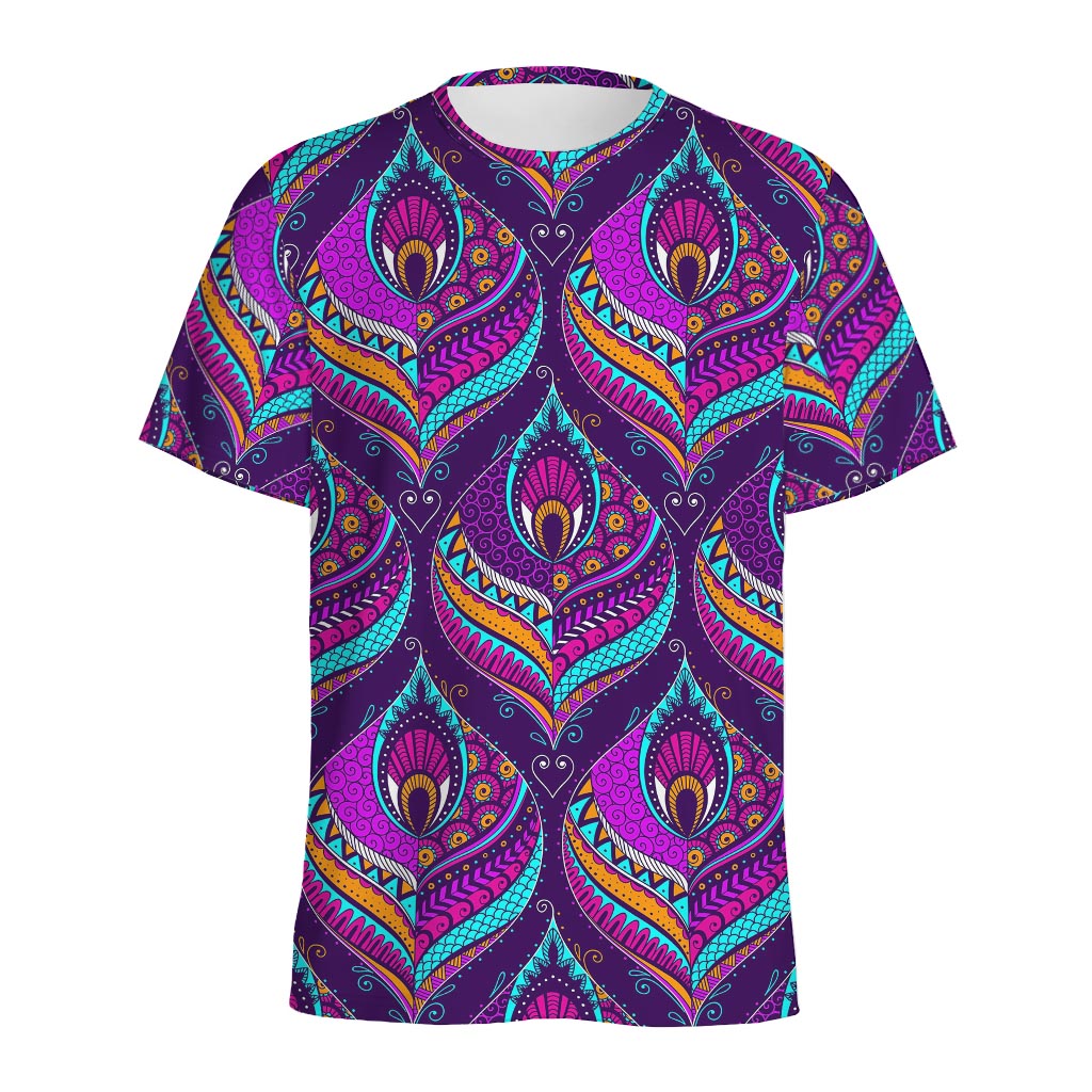 Purple Bohemian Peacock Feather Print Men's Sports T-Shirt