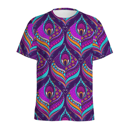 Purple Bohemian Peacock Feather Print Men's Sports T-Shirt