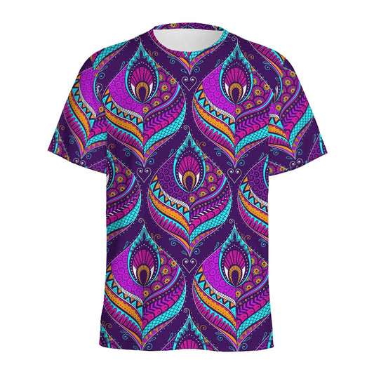 Purple Bohemian Peacock Feather Print Men's Sports T-Shirt