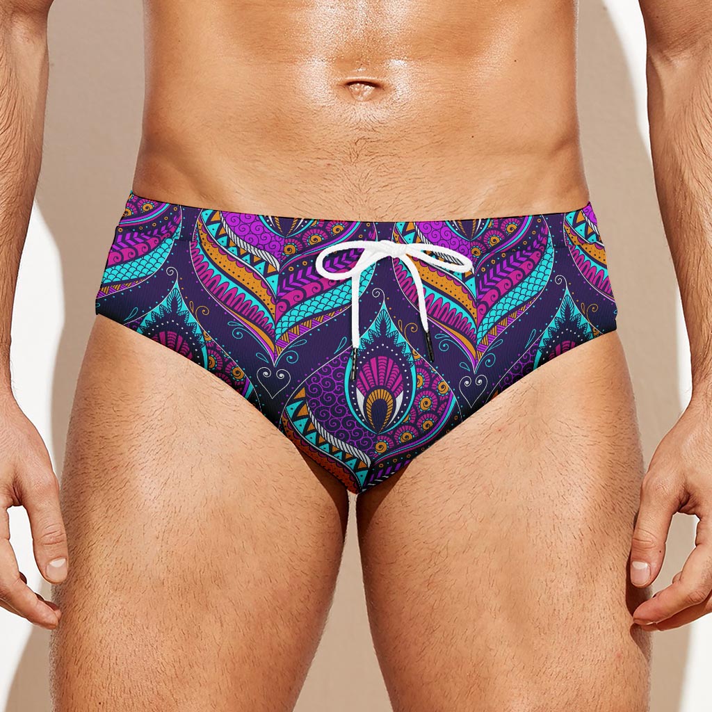 Purple Bohemian Peacock Feather Print Men's Swim Briefs