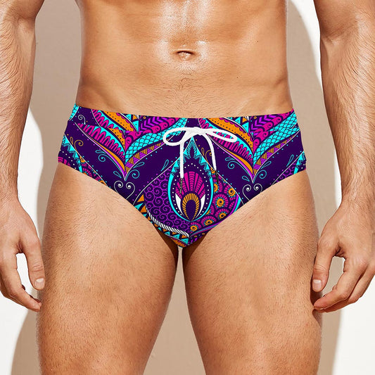 Purple Bohemian Peacock Feather Print Men's Swim Briefs