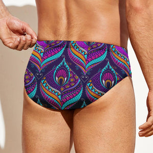 Purple Bohemian Peacock Feather Print Men's Swim Briefs