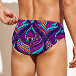 Purple Bohemian Peacock Feather Print Men's Swim Briefs