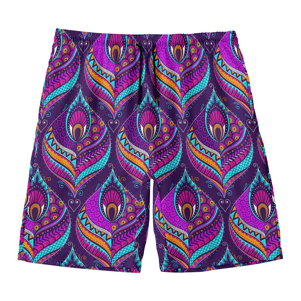 Purple Bohemian Peacock Feather Print Men's Swim Trunks