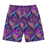 Purple Bohemian Peacock Feather Print Men's Swim Trunks