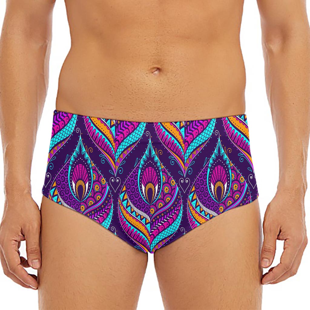 Purple Bohemian Peacock Feather Print Men's Triangle Swim Briefs