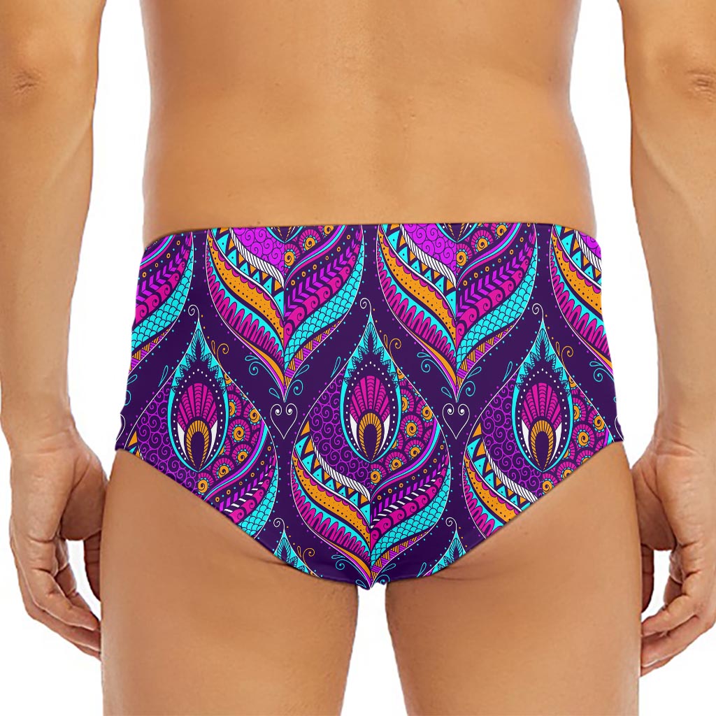 Purple Bohemian Peacock Feather Print Men's Triangle Swim Briefs