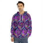Purple Bohemian Peacock Feather Print Men's Velvet Pullover Hoodie