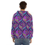 Purple Bohemian Peacock Feather Print Men's Velvet Pullover Hoodie