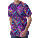Purple Bohemian Peacock Feather Print Men's Velvet T-Shirt