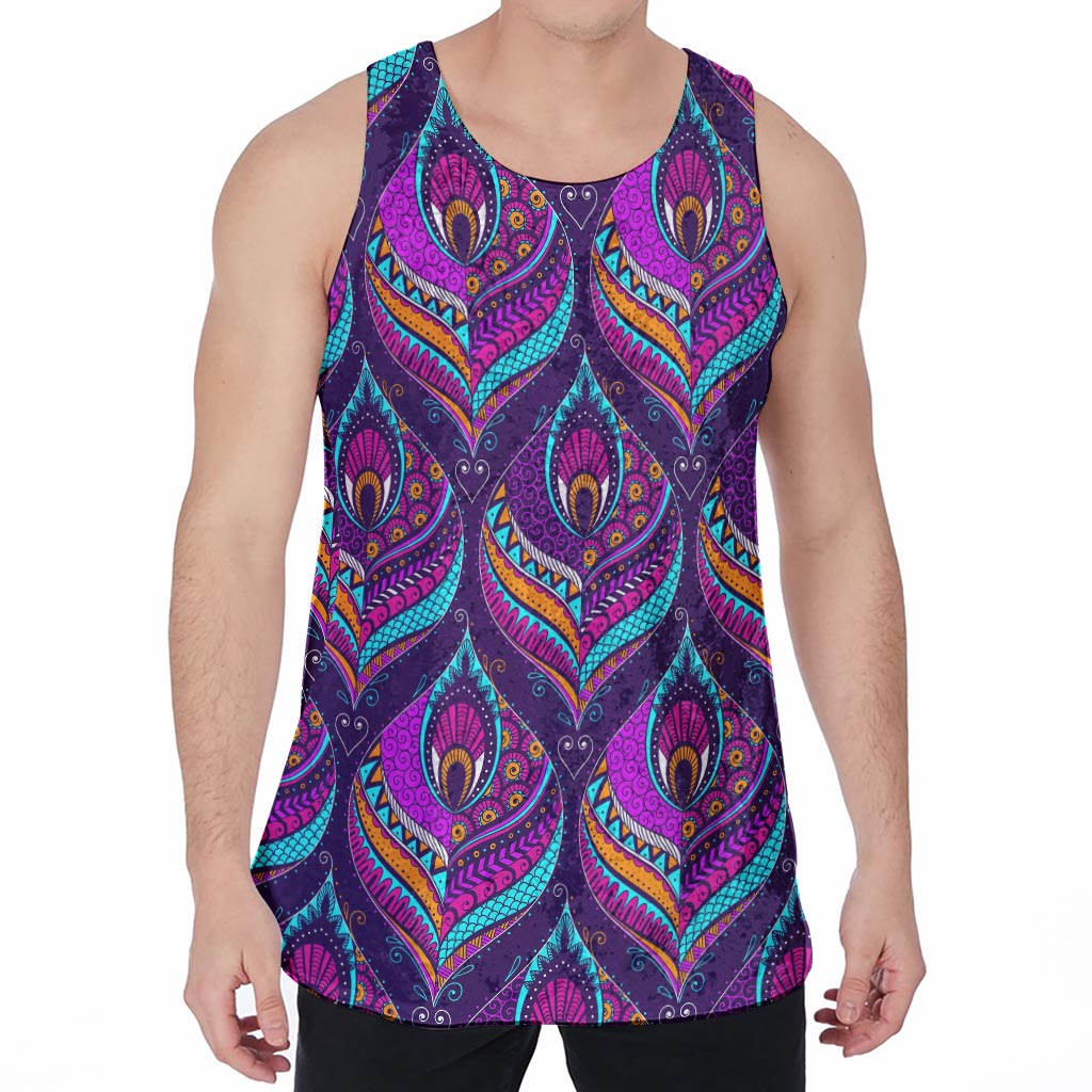 Purple Bohemian Peacock Feather Print Men's Velvet Tank Top