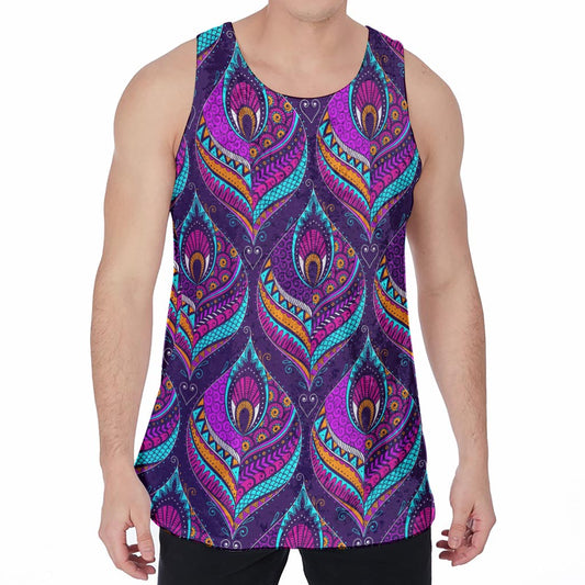 Purple Bohemian Peacock Feather Print Men's Velvet Tank Top