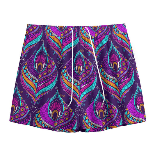 Purple Bohemian Peacock Feather Print Mesh Shorts