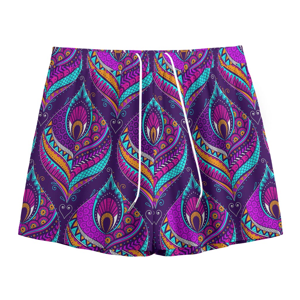 Purple Bohemian Peacock Feather Print Mesh Shorts