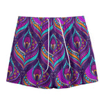 Purple Bohemian Peacock Feather Print Mesh Shorts