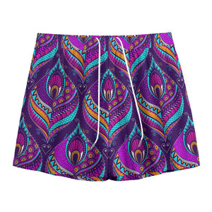 Purple Bohemian Peacock Feather Print Mesh Shorts