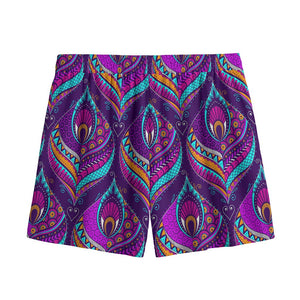 Purple Bohemian Peacock Feather Print Mesh Shorts