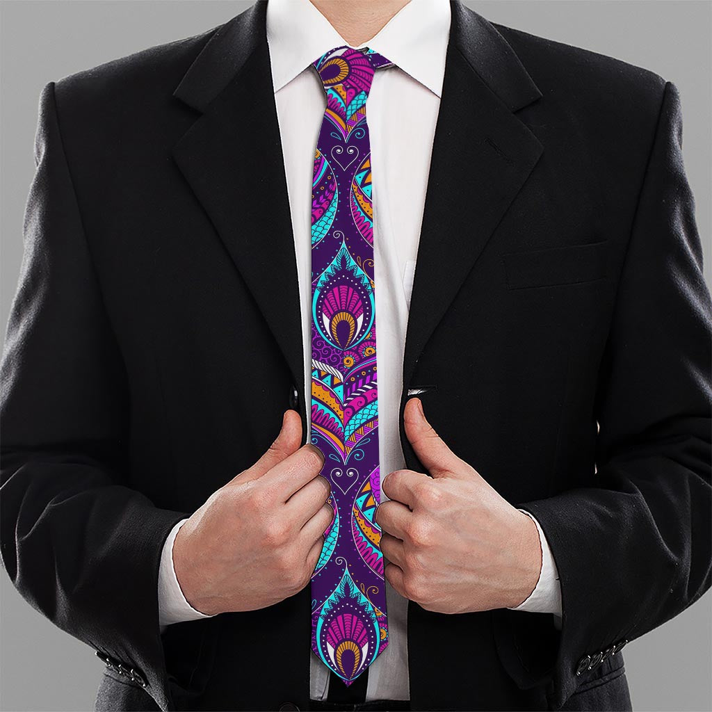 Purple Bohemian Peacock Feather Print Necktie