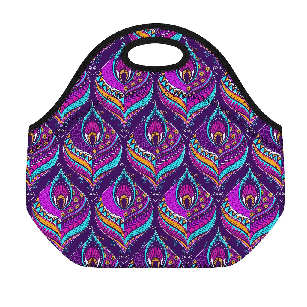 Purple Bohemian Peacock Feather Print Neoprene Lunch Bag