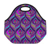 Purple Bohemian Peacock Feather Print Neoprene Lunch Bag