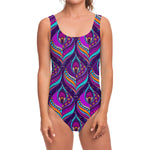 Purple Bohemian Peacock Feather Print One Piece Swimsuit