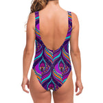 Purple Bohemian Peacock Feather Print One Piece Swimsuit