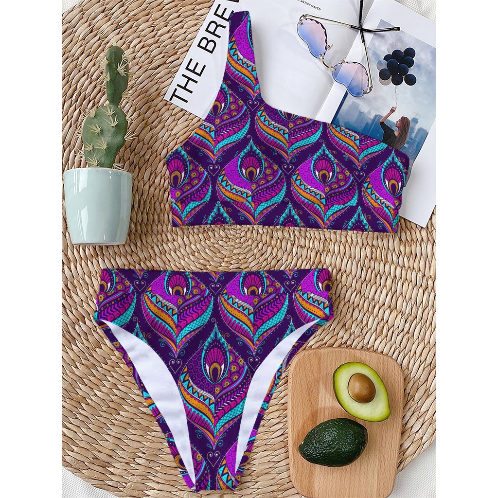 Purple Bohemian Peacock Feather Print One Shoulder Bikini Top