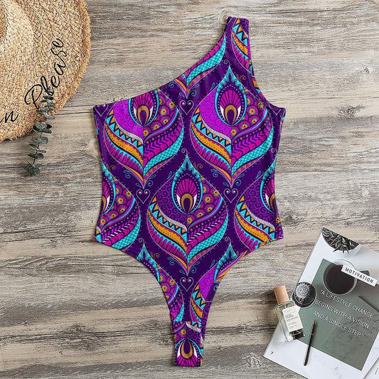 Purple Bohemian Peacock Feather Print One Shoulder Bodysuit