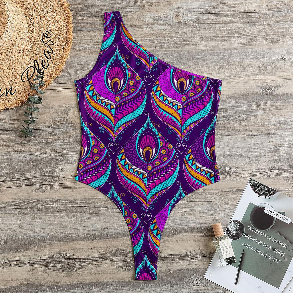 Purple Bohemian Peacock Feather Print One Shoulder Bodysuit