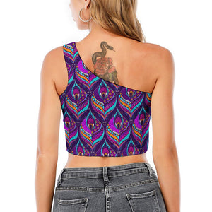 Purple Bohemian Peacock Feather Print One Shoulder Crop Top