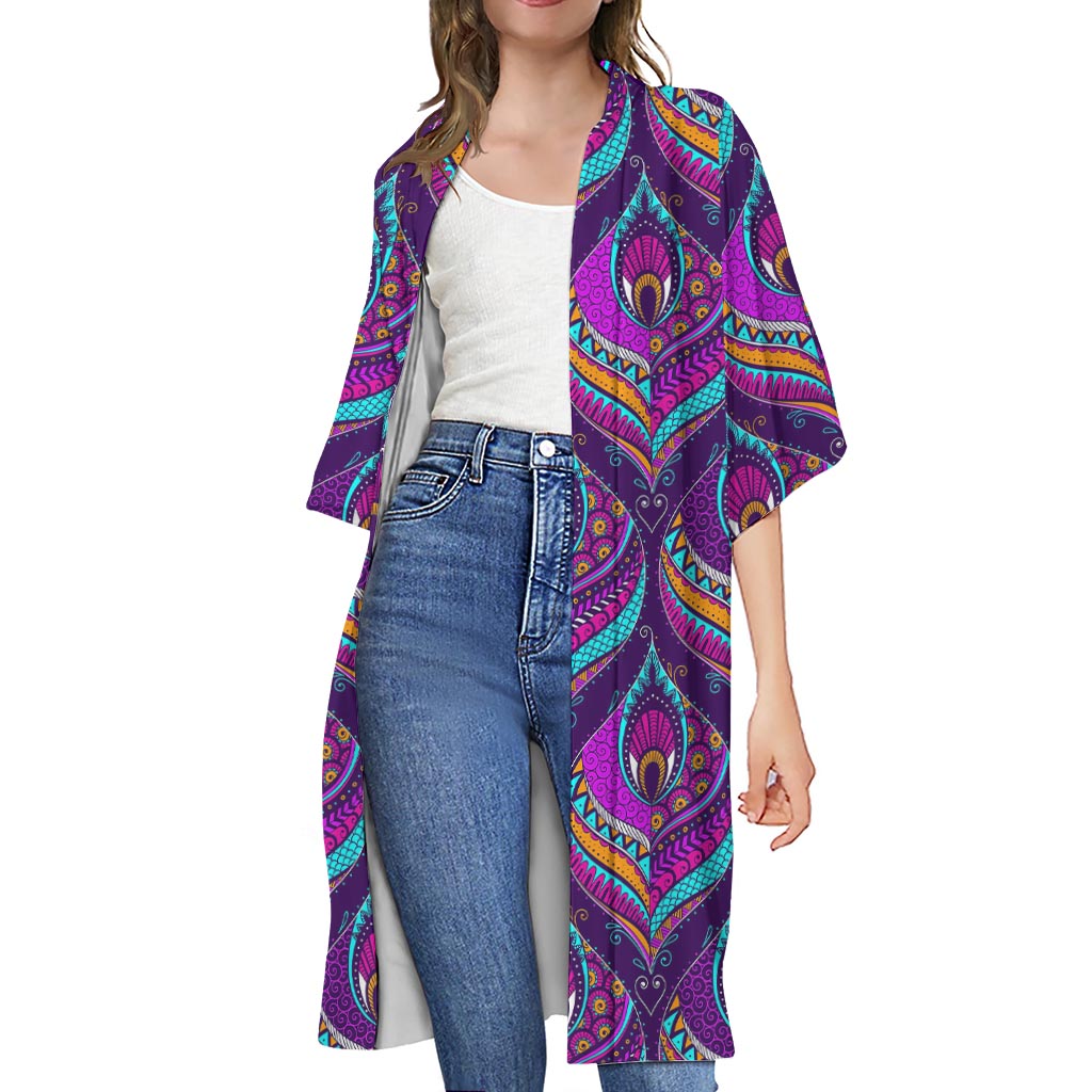 Purple Bohemian Peacock Feather Print Open Front Beach Cover Up