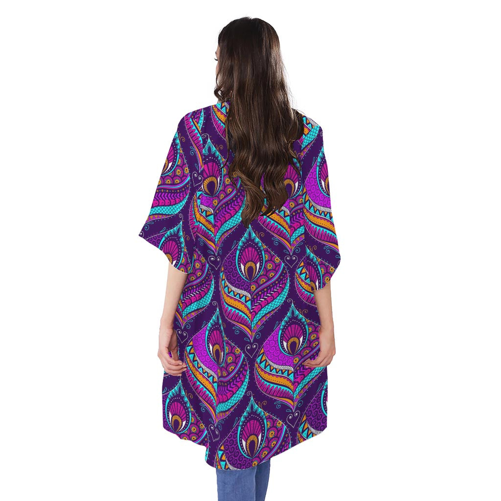 Purple Bohemian Peacock Feather Print Open Front Beach Cover Up