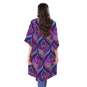 Purple Bohemian Peacock Feather Print Open Front Beach Cover Up