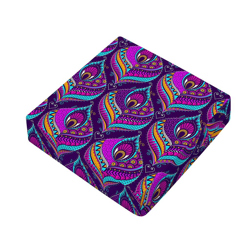 Purple Bohemian Peacock Feather Print Outdoor Seat Cushion Cover