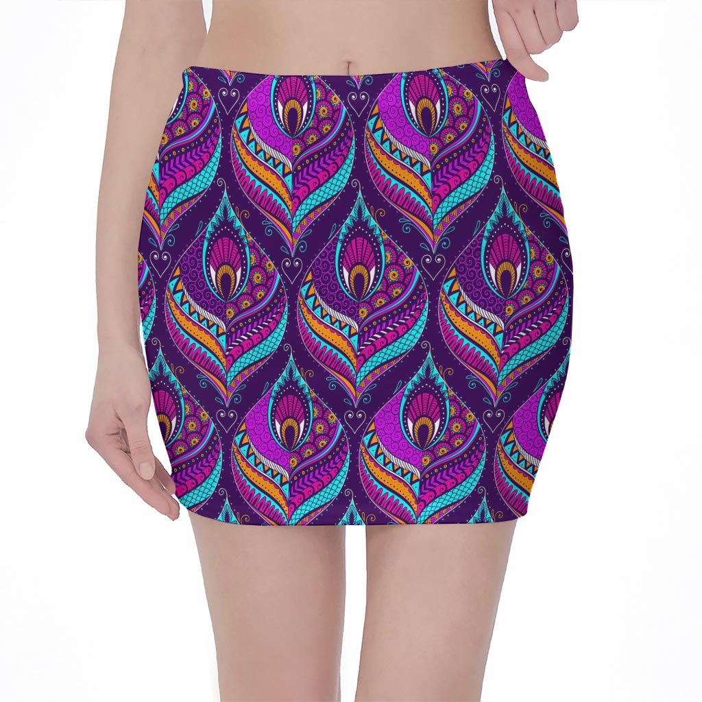 Purple Bohemian Peacock Feather Print Pencil Mini Skirt