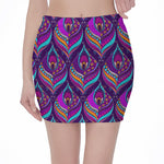 Purple Bohemian Peacock Feather Print Pencil Mini Skirt