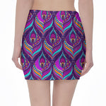 Purple Bohemian Peacock Feather Print Pencil Mini Skirt