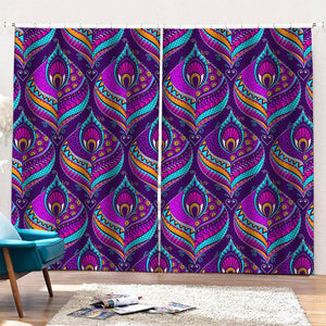 Purple Bohemian Peacock Feather Print Pencil Pleat Curtains