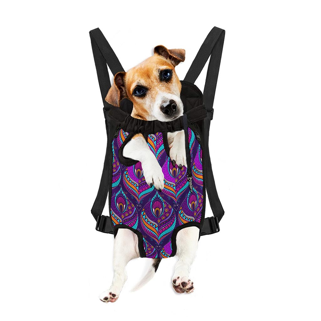 Purple Bohemian Peacock Feather Print Pet Carrier Backpack