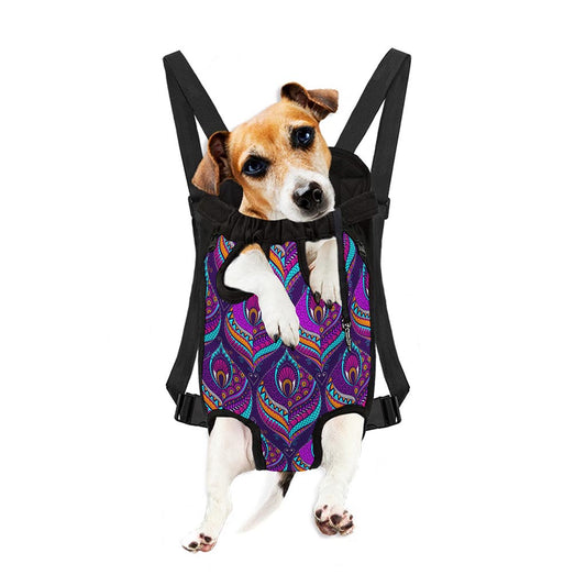 Purple Bohemian Peacock Feather Print Pet Carrier Backpack