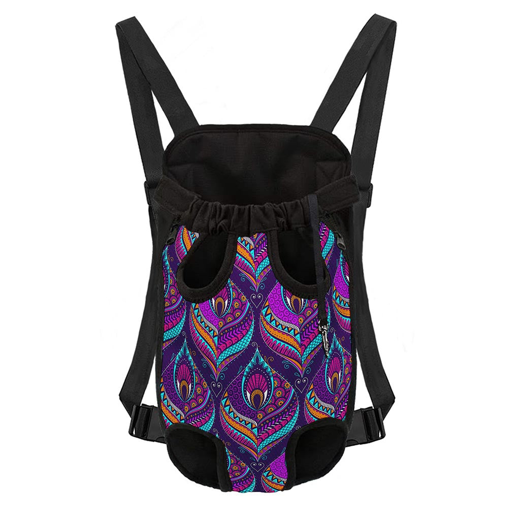 Purple Bohemian Peacock Feather Print Pet Carrier Backpack