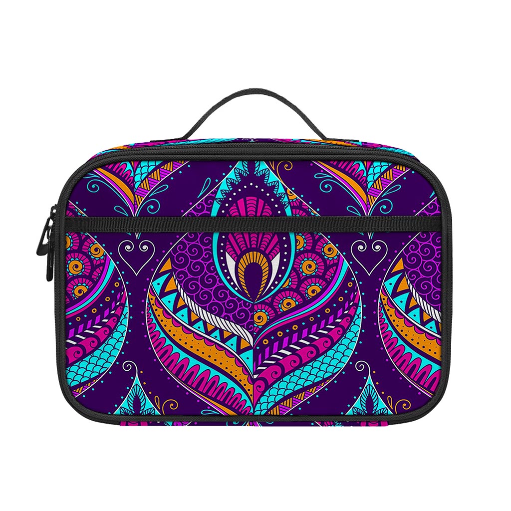 Purple Bohemian Peacock Feather Print Portable Lunch Bag