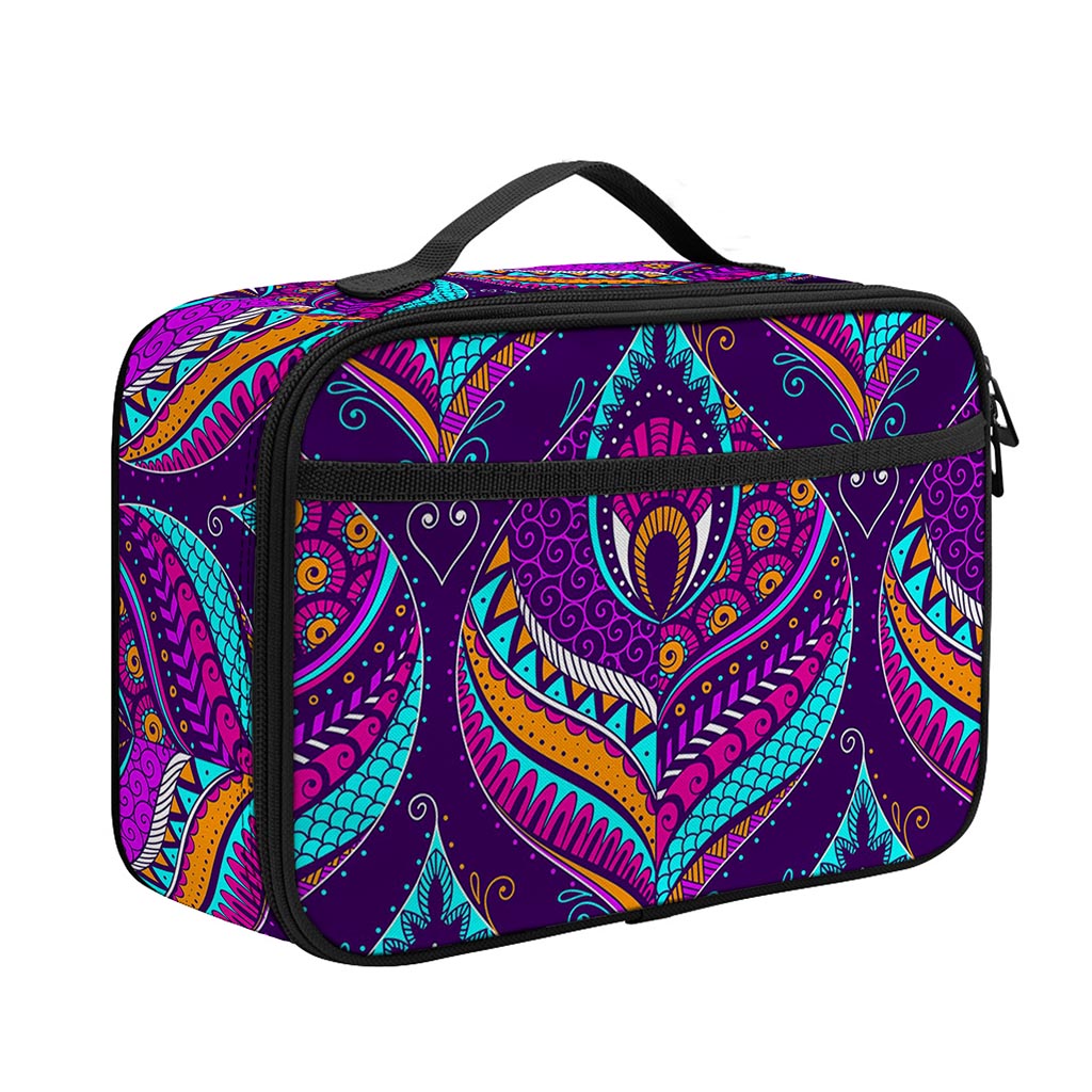 Purple Bohemian Peacock Feather Print Portable Lunch Bag