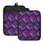 Purple Bohemian Peacock Feather Print Pot Holders With Pocket