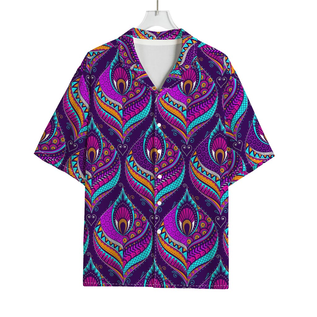 Purple Bohemian Peacock Feather Print Rayon Hawaiian Shirt