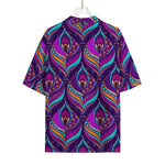 Purple Bohemian Peacock Feather Print Rayon Hawaiian Shirt