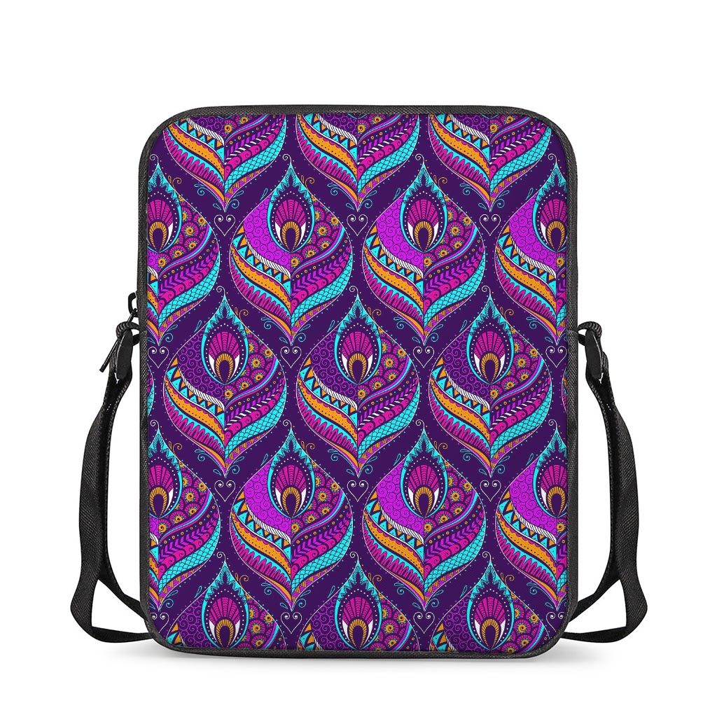 Purple Bohemian Peacock Feather Print Rectangular Crossbody Bag