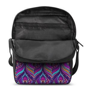 Purple Bohemian Peacock Feather Print Rectangular Crossbody Bag