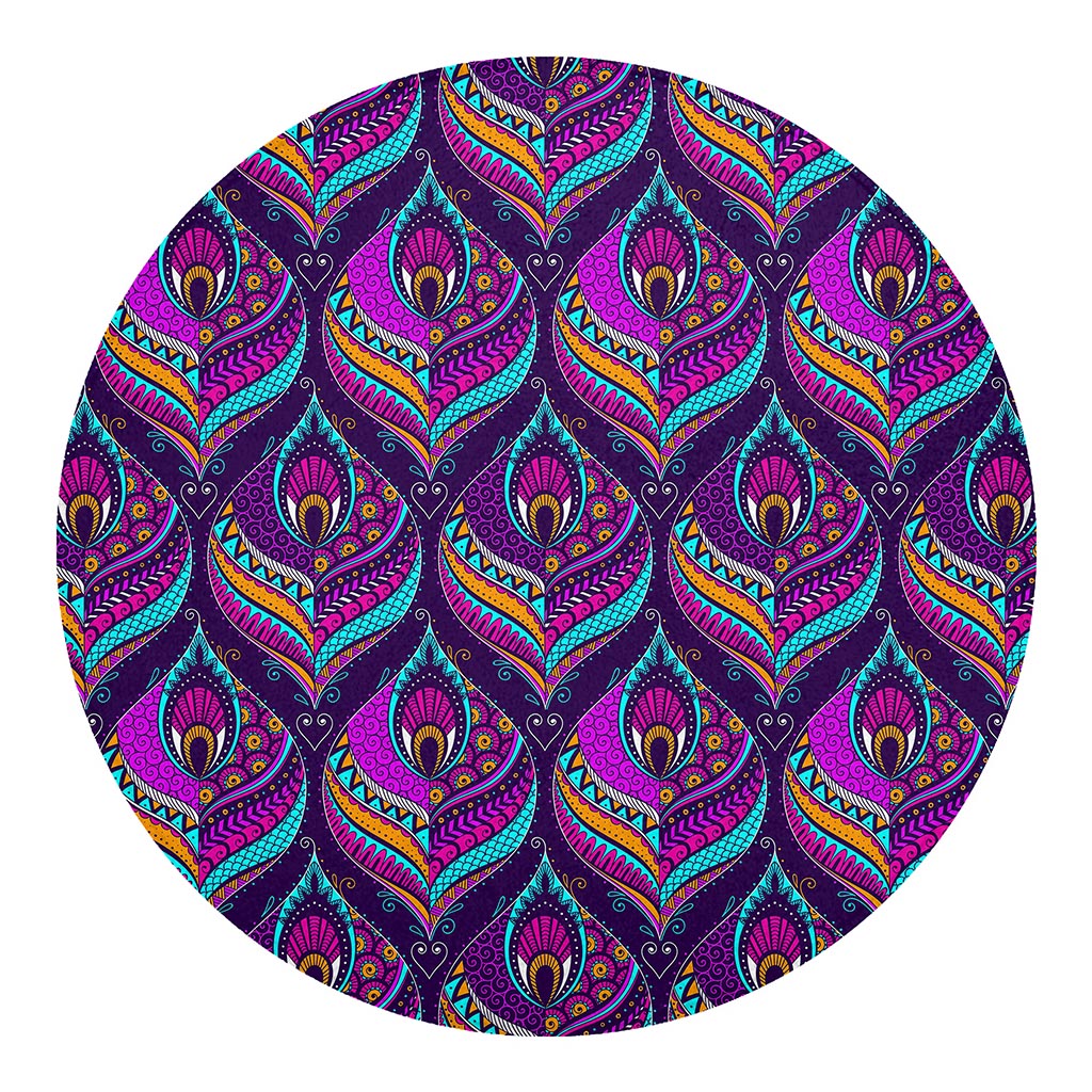 Purple Bohemian Peacock Feather Print Round Blanket