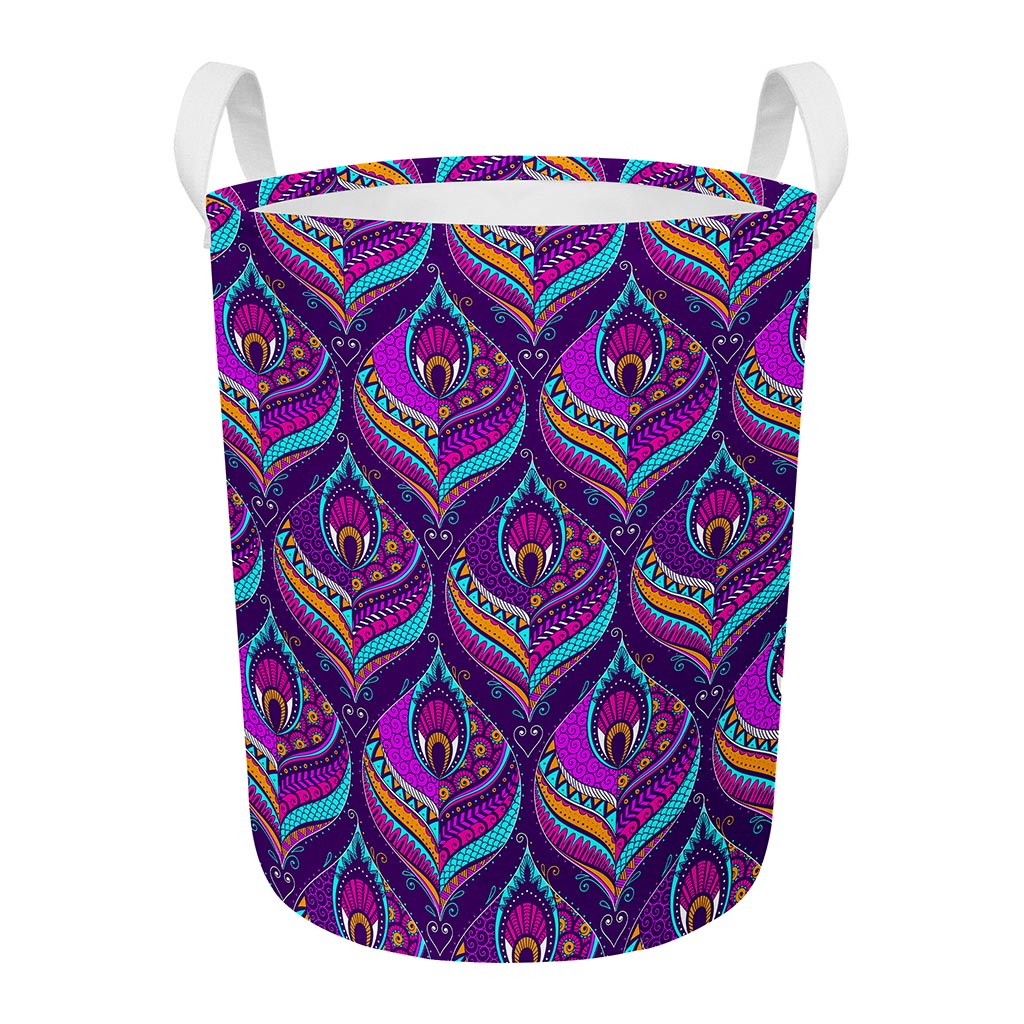 Purple Bohemian Peacock Feather Print Round Laundry Basket